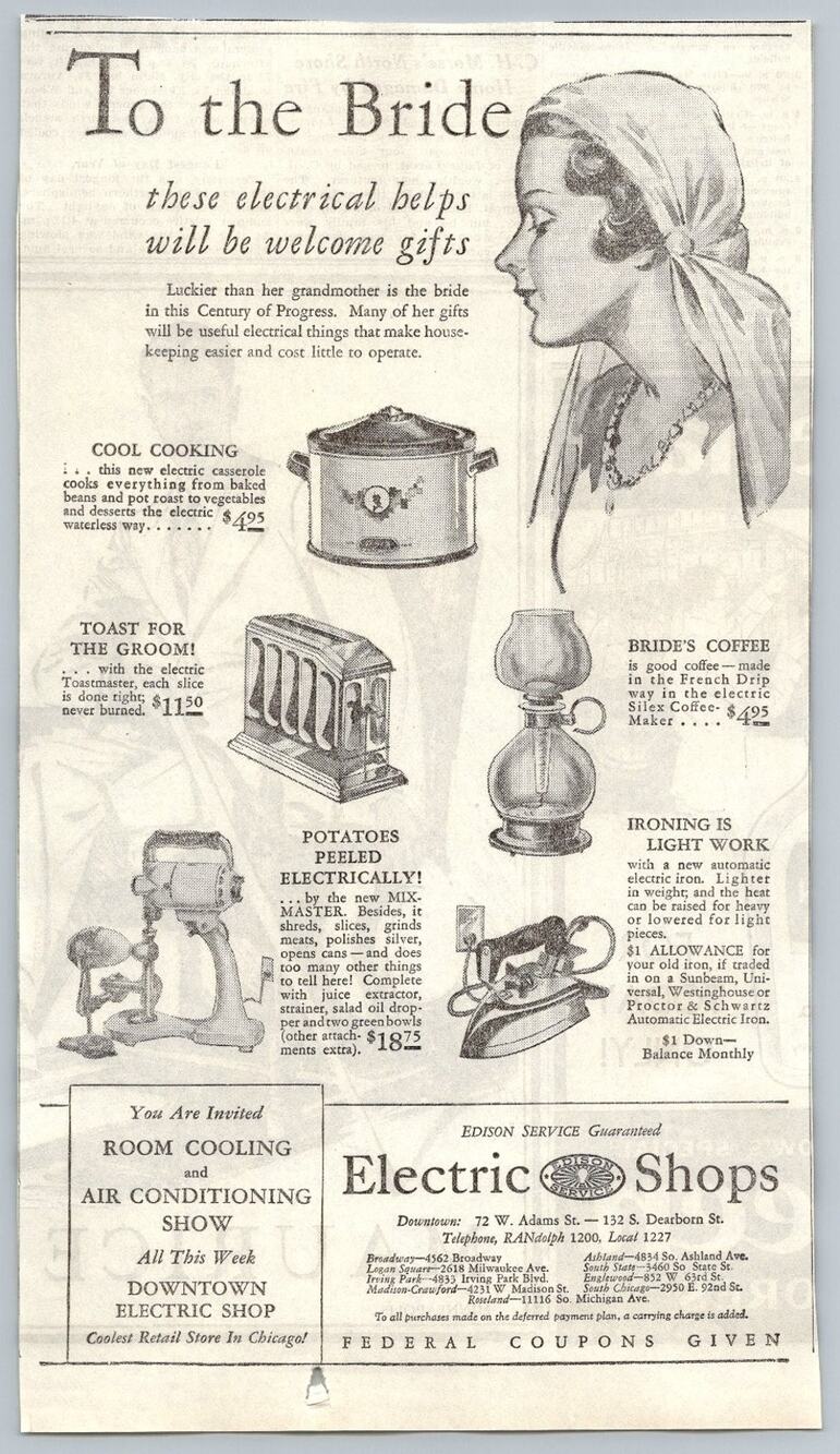 1930s Chicago Electric Shops Bridal Gifts Appliance Print Ad Toaster Ephemera